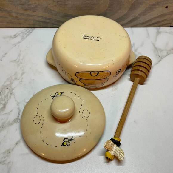 Honey Pot with Lid and Wooden Dipper with Bee Ceramic Beehive by Designpac Inc - Picture 4 of 4